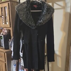 Chico's Black Knit Cardigan with Faux Fur Collar